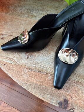 H&M Black Pointed Slingback Mules with Gold Disc Accent